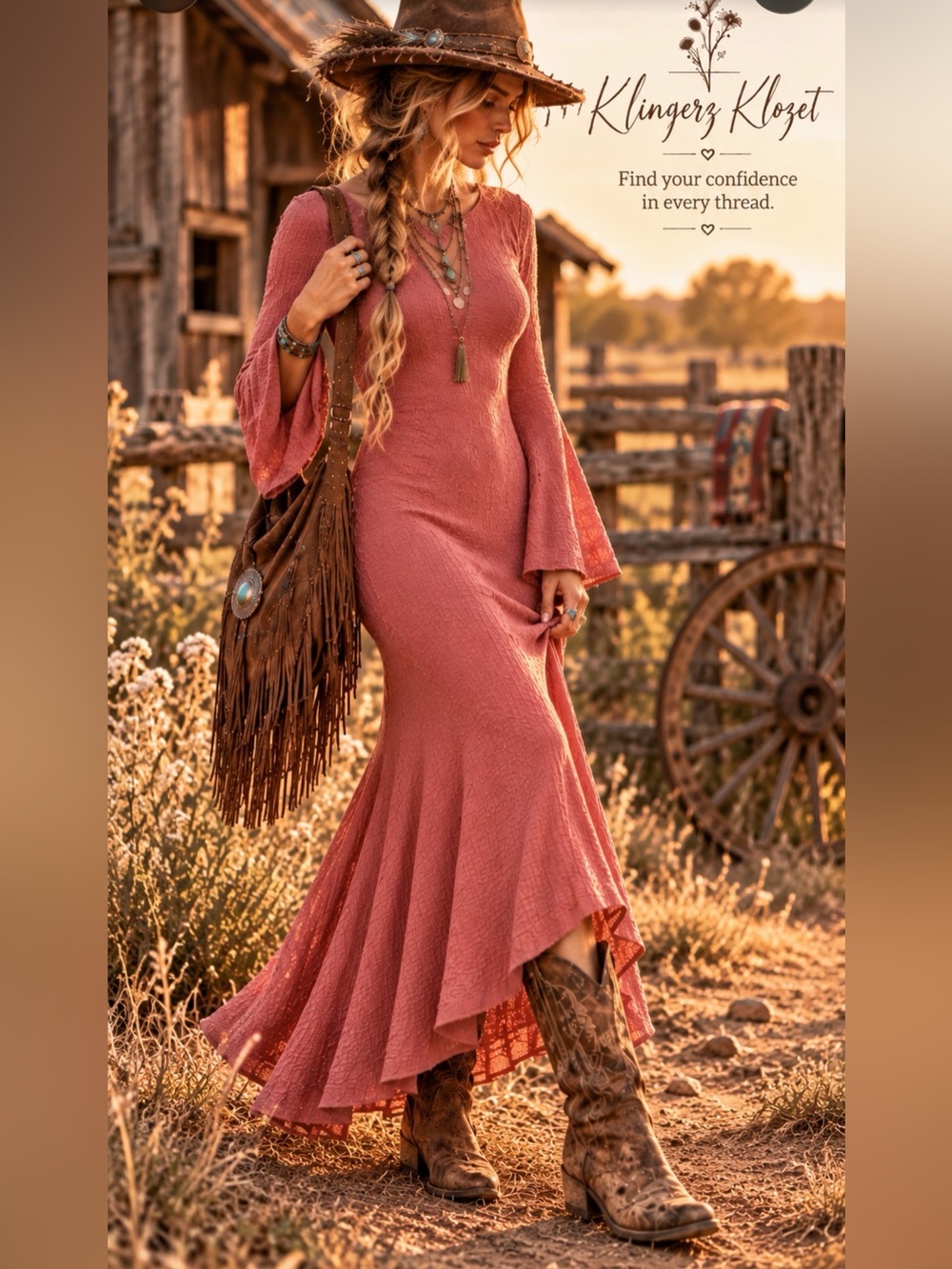 See You Monday Dusty Rose Open Back Boho Maxi Dress Bell Sleeve L